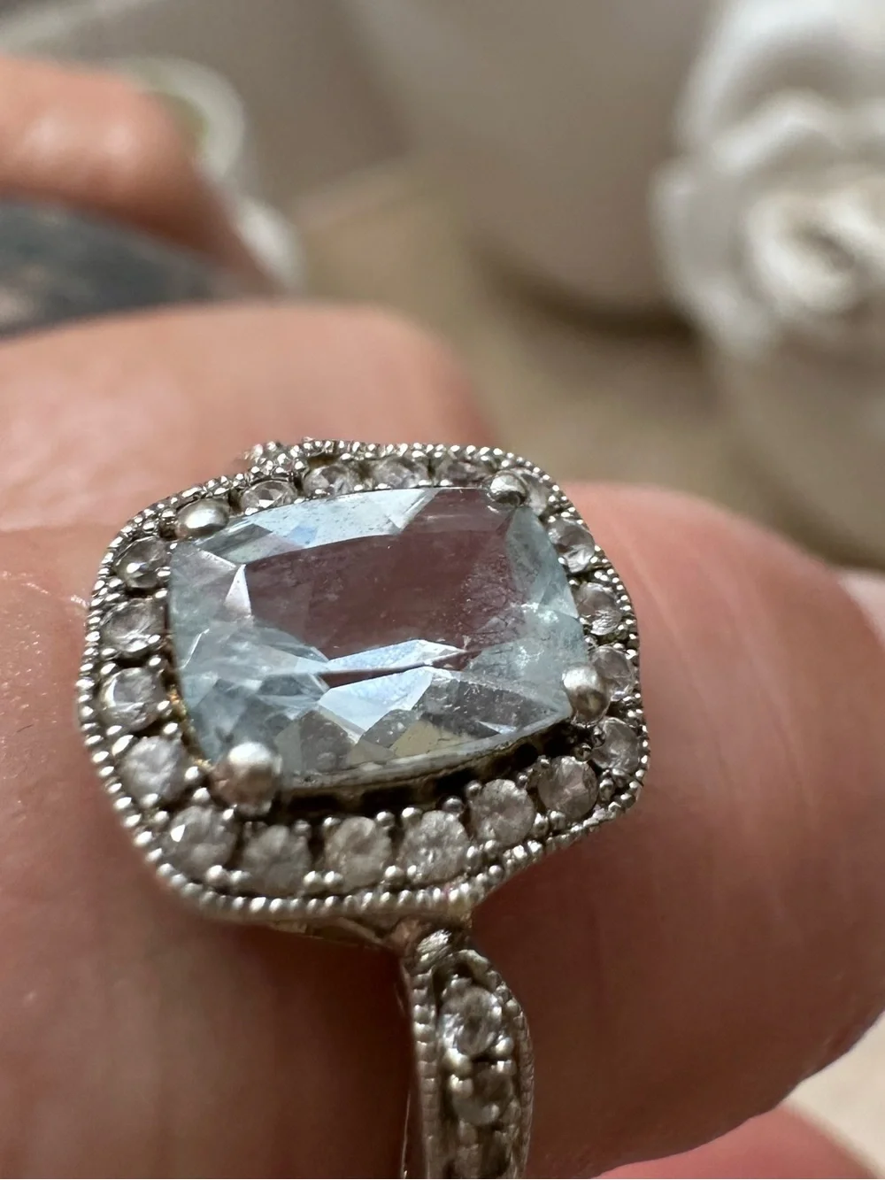 Sterling 425 Silver Blue mosinaite w small diamonds Halo Ring